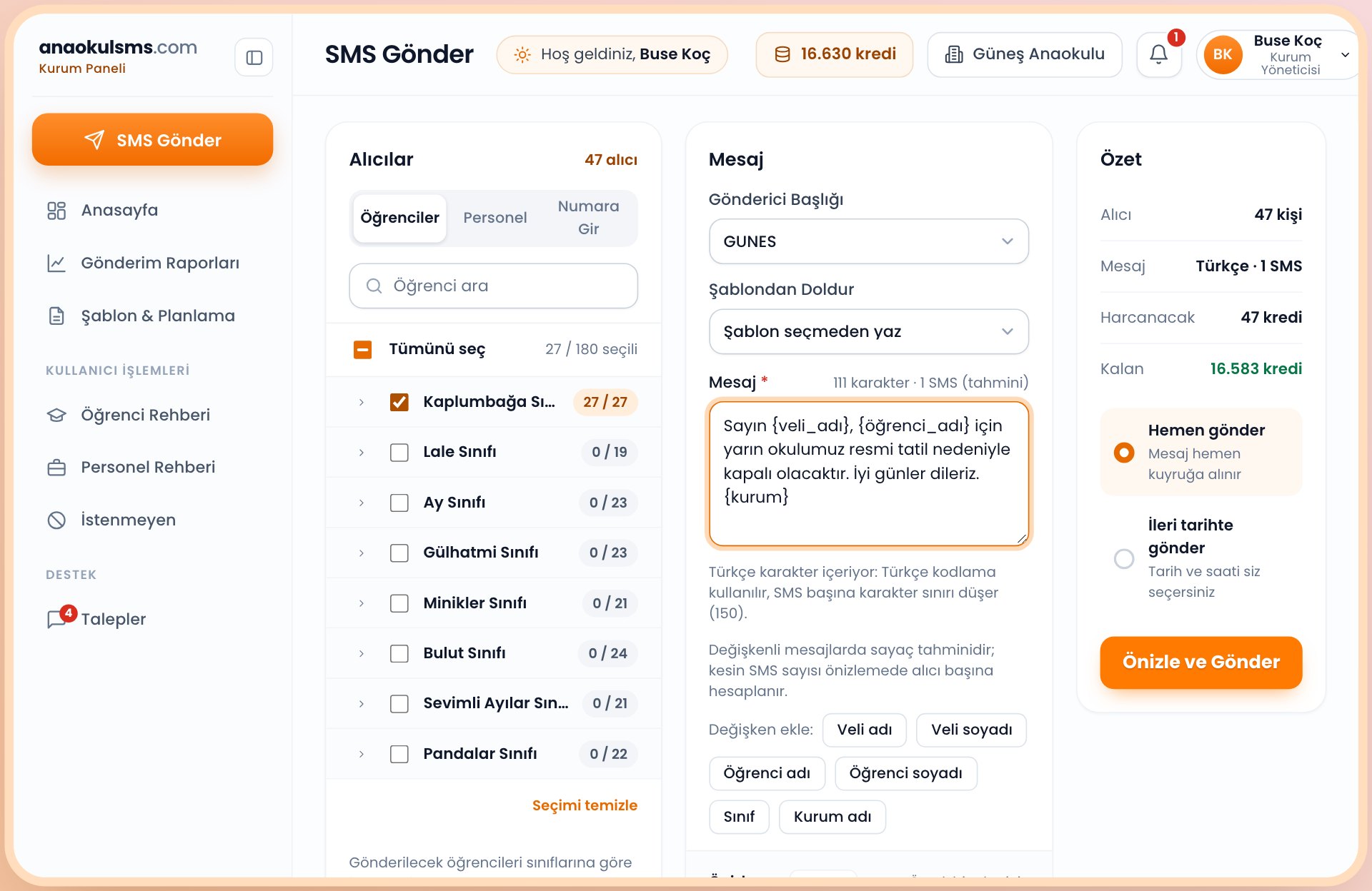 SMS Gönder ekranı: sınıfa göre alıcı seçimi, mesaj ve özet